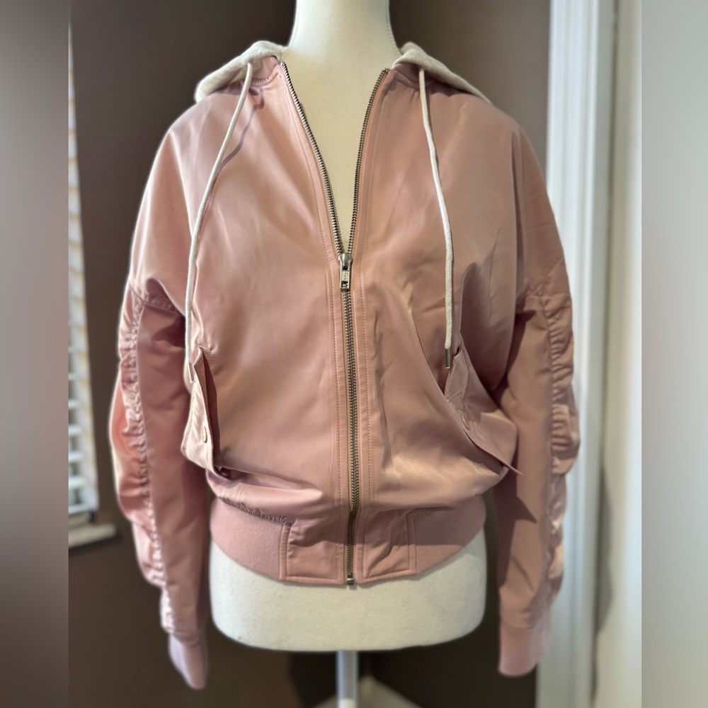 Rose Pink Bomber Jacket with Cotton Antique Heather Gray Hoodie